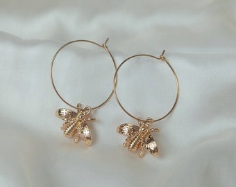 Gold Bee Hoop Earrings - Lightweight Hoop Earrings,Bee Earrings,Gold Hoop Earrings In The UK,Gold Earrings In The UK,Gold Jewellery, Bees