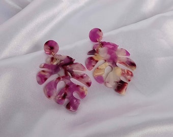 Chunky Pink Leaf Drop Earrings - Pink Earrings In The UK,Peach Earrings,Leaf Jewellery In The UK,Chunky Earrings,Pink Resin Earrings