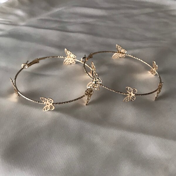 Gold Butterfly Hoop Earrings - Lightweight Hoop Earrings, Butterfly Earrings, Hoop Earrings, Cute Earrings, Gold Earrings, Gold Jewellery