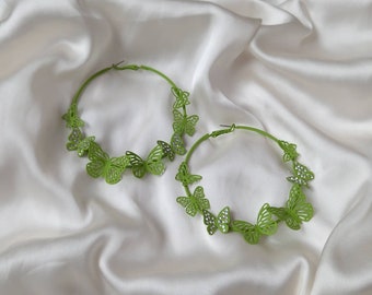 Green Butterfly Hoop Earrings - Lightweight Hoop Earrings, Butterfly Earrings, Hoop Earrings, Cute Earrings, Green Earrings, Green Jewellery