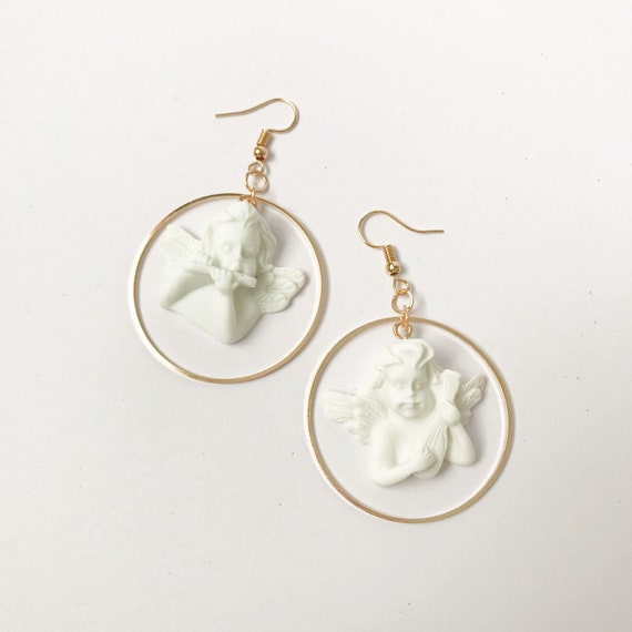 Gold White Cherub Hoop Earrings Lightweight Hoop Earrings