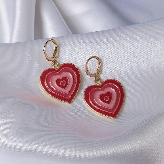 Pink Gold Retro Heart Drop Earrings 70 s Style Earrings Vintage