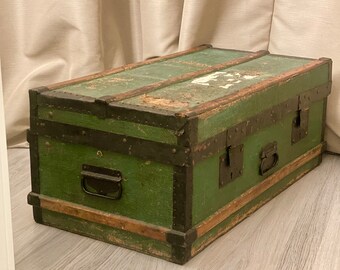 Valise de voyage ancienne / bois vert / kofferbak