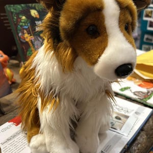 May include: A plush dog toy with brown and white fur, black eyes, and a black nose. The stuffed animal is sitting on a book with text. The toy is in a shop setting with other items in the background.