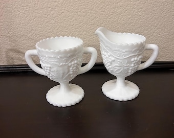 vintage Imperial White Milk Glass "Vintage Grape" Sugar and Creamer Set