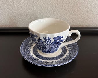 Vintage Royal Wessex Blue Willow Teacup and Saucer, Blue Transferware Tea Set