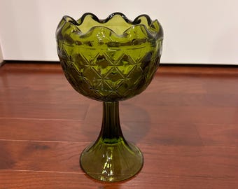 VTG Indiana Glass Avocado Green Pedestal 9" Diamond Ruffled Compote Candy Dish