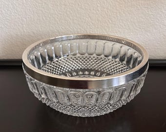 Vintage Teardrop and Diamond Point Pressed Glass Serving Bowl with Silver-Plated