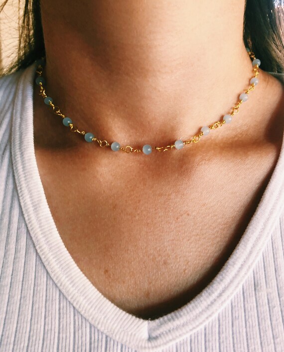 Blue Choker, Dainty Blue Bead Necklace