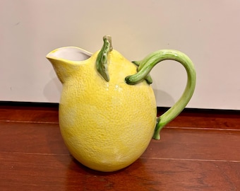 Vintage Ceramic Lemon Pitcher Green Leaf Handle Crafted in Japan hand painted