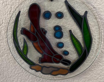 Handmade Round Stained Leaded Glass Platypus Underwater Suncatcher 7” diameter