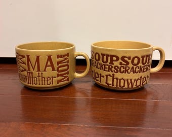 Vintage 1970s Stoneware Soup Mugs Pair Mom Mother & Soup Chowder Crackers Japan