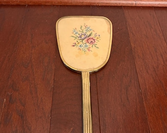 Vtg 1950s Brass Petit Point Hand Mirror Floral Needlepoint Back Fluted Handle