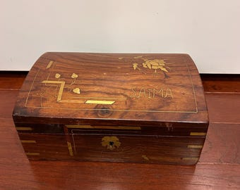 Vintage Wood Brass Inlay Divided Jewelry Box SAIMA Blue Velvet 2 Tiers
