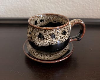 Handmade Ceramic Coffee Cup n Saucer Set Japanese Style Tenmoku Drip Glaze New
