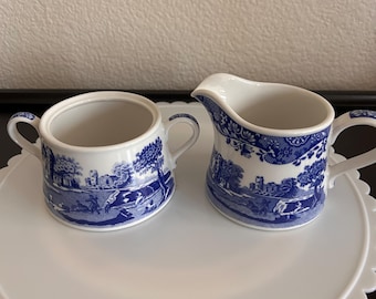 Vintage Spode Blue Italian Creamer Sugar Bowl Set, Earthenware Countryside Scenes