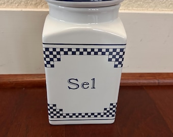 Vintage French Lustucru Style Sel (salt) Canisters Blue White Ceramic