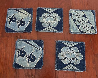 Japanese Indigo Dyed Kamon Coasters Set of 5 Traditional Heraldic Design