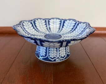 Vintage Thai Blue & White Porcelain Pedestal Altar Offering Bowl Hand-Painted 6”
