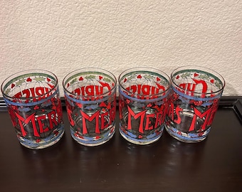 Set of 4 Vintage ”Merry Christmas" Stained Glass Tumbler By Cera Houze in 1970