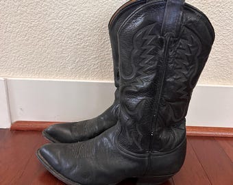 Vintage Tony Lama Black Leather Cow Boy Boots Mens Size 9.5 B style F1313 made in USA