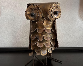 Vintage 70s metal OWL SCULPTURE brutalist gold Bird mid century modern art