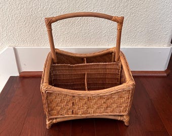 Vintage Square Bamboo Wicker Basket Utensil Caddy Storage Bohemian OrganizerWith handle