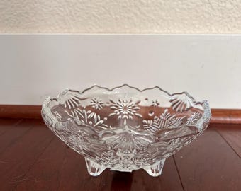 Vintage Mikasa Footed Crystal Bowl Raised Snowflake Scalloped Edge