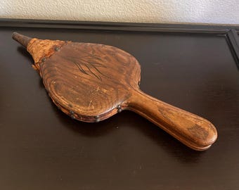 ANTIQUE EARLY 20 c. Hand carved Wood and Leather and Copper  Fireplace Bellows