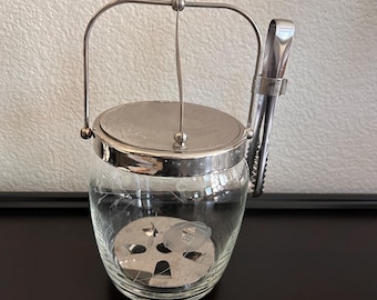 Vintage Mid-Century Modern Noritake Sasaki glass ice bucket etched floral with matching accessories