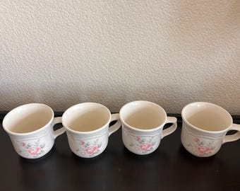 Vintage Pfaltzgraff Tea Rose Mugs Set of 4 Pink Floral Stoneware Coffee Cups USA