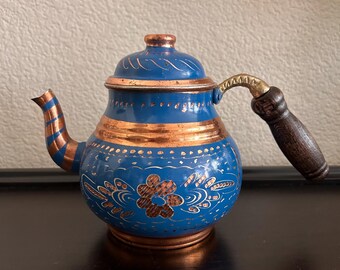 Vintage Turkish Handmade Copper Teapot Blue Enamel Chiseled Floral Kettle blue