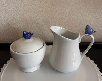 Vintage B.I.A. Cordon Bleu Cream & Sugar Set  Blue Bird Accents White porcelain