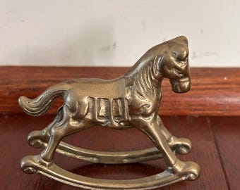 Vintage Solid Brass Rocking Horse Figurine Miniature MCM Nursery Decor 3"