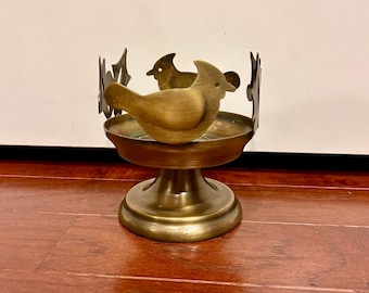 Vintage Brass Birds Flower Pedestal Decorative Tray Candle Holder Cutout Rim design