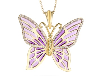 Butterfly pendant necklace 14k gold yellow diamond sapphire transparent purple enamel gold butterfly insects gift for her charm crystal bugs
