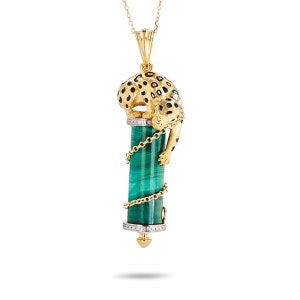 Jewelry Necklaces Pendant Gold 14k Malachite green Leo Lion Animal panther tiger leopard Gemstone Diamond Enamel unisex women man Midcentury