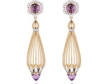 14 k gold earrings fine jewelry Chandelier Dangle Drop Earlobe Amethyst purple Teardrop Christmas Diamonds Enamel white yellow round oval