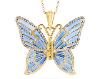 Butterfly pendant necklace 14k gold yellow diamond sapphire blue enamel insects gift for her gold butterfly crystal bugs fairy gold charm