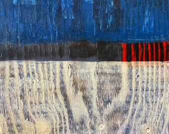 May include: Abstract painting with a blue, black, and red color scheme. The painting is on a wood panel with a visible wood grain texture.