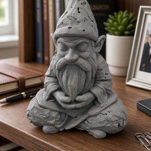 May include: A gray, stone-textured gnome figurine in a seated, meditative pose with hands resting together. The gnome features a pointed hat with small, irregular holes, a long beard, and pointed ears, crafted with a weathered, matte finish.