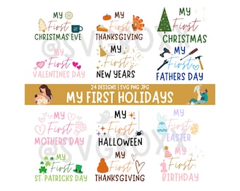 Puede incluir: Un conjunto de 12 diseños digitales coloridos con el texto "Mi primer" para varias festividades, incluyendo Navidad, Acción de Gracias, San Valentín, Año Nuevo, Día del Padre, Día de la Madre, Halloween, Pascua, San Patricio y Cumpleaños.
