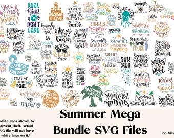 Könnte beinhalten: Eine Sammlung von SVG-Dateien zum Thema Sommer mit verschiedenen Phrasen und Grafiken, darunter Strand-, Pool- und Urlaubsdesigns. Der Text "Summer Mega Bundle SVG Files" ist unten abgebildet, mit 63 Dateien.