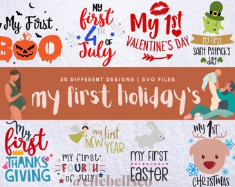 Puede incluir: Un conjunto de 50 archivos SVG digitales para crear diseños con el texto "My First Holiday's" y varios temas festivos, que incluyen Halloween, 4 de julio, San Valentín, San Patricio, Acción de Gracias, Año Nuevo, Pascua y Navidad.