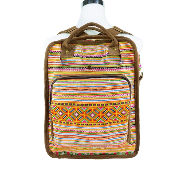 Rucksack Damen 3-in-1 aus Stoff bunt bestickt | mit Taschengurt | Ethno Hmong Sarafan Festival Vintage recycelt | Convertible Rucksacktasche