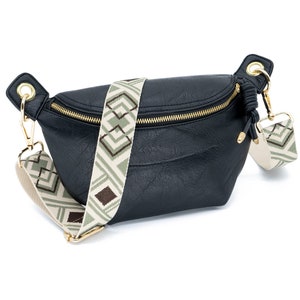 Große Bauchtasche Damen schwarz/gold | Taschengurt zur Wahl | veganes Lederimitat | XL Crossbody Tasche Gürteltasche Umhängetasche Slingbag