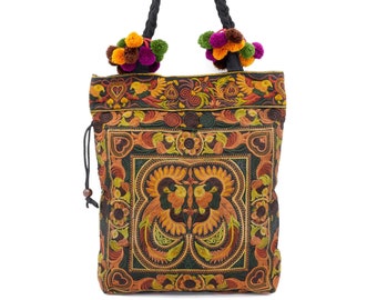 Tasche Damen schwarz bunt Ethno Hmong Sarafan | Tote Bag Beutel Shopper Schultertasche | Blumenmuster floral orientalisch Boho Hippie