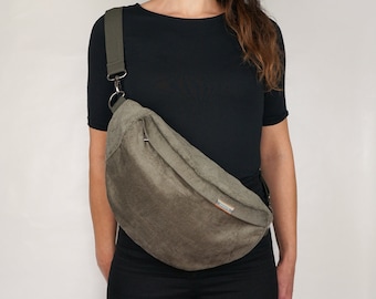 Extra large bum bag corduroy organic cotton/hemp Men&Women taupe | sustainable fanny pack oversize crossbag slingbag shoulder bag | seasara