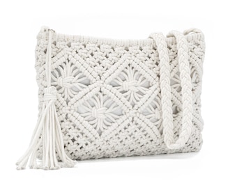 Macrame Boho Bag White Women | with inner lining & fringe pendant | Bridal bag crochet bag shoulder bag handbag clutch boho bag