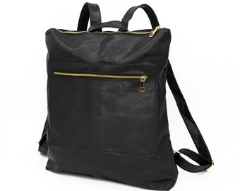 XL Rucksack Damen schwarz gold aus Lederimitat | Minimalistischer, extra großer Allrounder mit viel Stauraum für Alltag, Arbeit, Büro, Reise